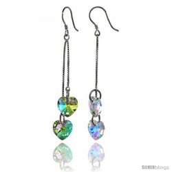 Sterling Silver Dangle Earrings w/ Yellow Swarovski Crystal Double Heart 2 1/2 in. (64 mm) tall, Rhodium Finish