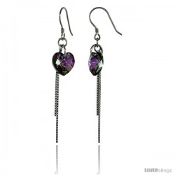 Sterling Silver Dangle Earrings w/ Purple Swarovski Crystal Heart 2 1/4 in. (58 mm) tall, Rhodium Finish