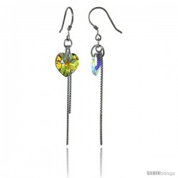 Sterling Silver Dangle Earrings w/ Yellow Swarovski Crystal Heart 2 1/4 in. (58 mm) tall, Rhodium Finish