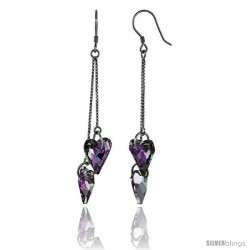 Sterling Silver Dangle Earrings w/ Purple Swarovski Crystal Double Heart 2 1/2 in. (63 mm) tall, Rhodium Finish