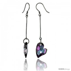 Sterling Silver Dangle Earrings w/ Purple Swarovski Crystal Fancy Heart 2 5/16 in. (59 mm) tall, Rhodium Finish