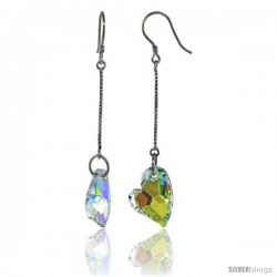 Sterling Silver Dangle Earrings w/ Yellow Swarovski Crystal Fancy Heart 2 5/16 in. (59 mm) tall, Rhodium Finish