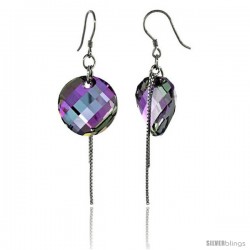 Sterling Silver Dangle Earrings w/ Purple Swarovski Crystal Disc 2 1/4 in. (58 mm) tall, Rhodium Finish