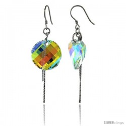 Sterling Silver Dangle Earrings w/ Yellow Swarovski Crystal Disc 2 1/4 in. (58 mm) tall, Rhodium Finish