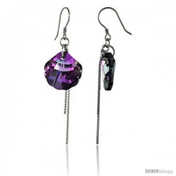 Sterling Silver Dangle Earrings w/ Purple Swarovski Crystal Fan Shape 2 1/4 in. (58 mm) tall, Rhodium Finish