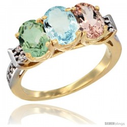 10K Yellow Gold Natural Green Amethyst, Aquamarine & Morganite Ring 3-Stone Oval 7x5 mm Diamond Accent