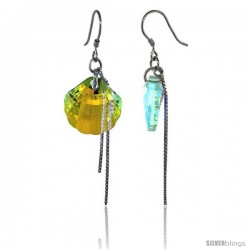 Sterling Silver Dangle Earrings w/ Yellow Swarovski Crystal Fan Shape 2 1/4 in. (58 mm) tall, Rhodium Finish