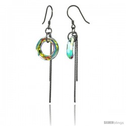 Sterling Silver Dangle Earrings w/ Yellow Swarovski Crystal Doughnut 2 1/4 in. (58 mm) tall, Rhodium Finish