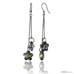 Sterling Silver Dangle Earrings w/ Purple Swarovski Crystal Double Flower 2 5/8 in. (62 mm) tall, Rhodium Finish