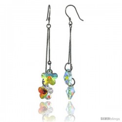 Sterling Silver Dangle Earrings w/ Yellow Swarovski Crystal Double Flower 2 5/8 in. (62 mm) tall, Rhodium Finish