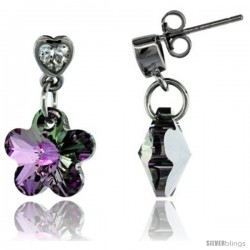 Sterling Silver Dangle Earrings w/ Purple Swarovski Crystal Flower 13/16 in. (21 mm) tall, Rhodium Finish