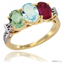 10K Yellow Gold Natural Green Amethyst, Aquamarine & Ruby Ring 3-Stone Oval 7x5 mm Diamond Accent