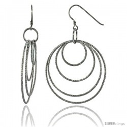 Sterling Silver Graduated Wire Dangling Circles Hanging Hoop Diamond Cut Earrings w/ Rhodium Finish, 2 5/8 in. (67 mm) tall