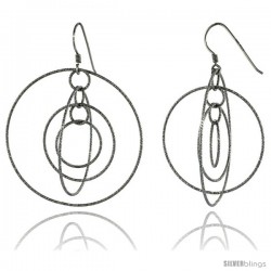 Sterling Silver Graduated Wire Dangling Circles Hanging Hoop Diamond Cut Earrings w/ Rhodium Finish, 2 3/8 in. (60 mm) tall