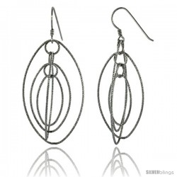 Sterling Silver Graduated Wire Dangling Ovals Hanging Hoop Diamond Cut Earrings w/ Rhodium Finish, 2 1/2 in. (63 mm) tall