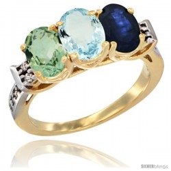 10K Yellow Gold Natural Green Amethyst, Aquamarine & Blue Sapphire Ring 3-Stone Oval 7x5 mm Diamond Accent