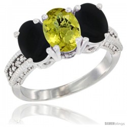 10K White Gold Natural Lemon Quartz & Black Onyx Ring 3-Stone Oval 7x5 mm Diamond Accent