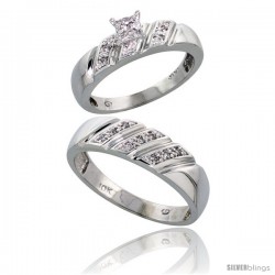 10k White Gold Diamond Engagement Rings 2-Piece Set for Men and Women 0.12 cttw Brilliant Cut, 5mm & 6mm wide