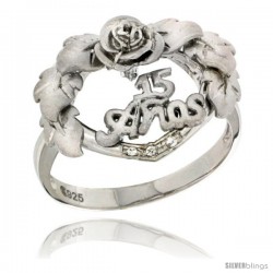 Sterling Silver Quinceanera 15 ANOS Heart Wreath Ring CZ stones Rhodium Finished, 25/32 in wide