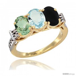 10K Yellow Gold Natural Green Amethyst, Aquamarine & Black Onyx Ring 3-Stone Oval 7x5 mm Diamond Accent