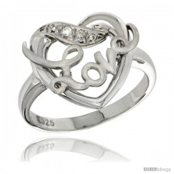 Sterling Silver LOVE Ribbon Ring CZ stones Rhodium Finished, 11/16 in wide