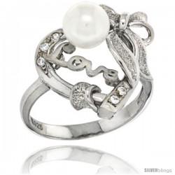 Sterling Silver Heart LOVE Bow w/ Faux Pearl Ring CZ stones Rhodium Finished, 23/32 in wide