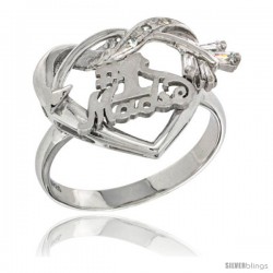 Sterling Silver No. 1 Madre w/ Cupid's Bow Heart Ring CZ stones Rhodium Finished, 13/16 in wide