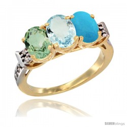 10K Yellow Gold Natural Green Amethyst, Aquamarine & Turquoise Ring 3-Stone Oval 7x5 mm Diamond Accent