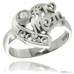 Sterling Silver No. 1 MOM Heart Love Ring CZ stones Rhodium Finished, 5/8 in wide