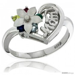 Sterling Silver Heart Mom Ring with Flower & Color CZ stones Rhodium Finished, 5/8 in wide