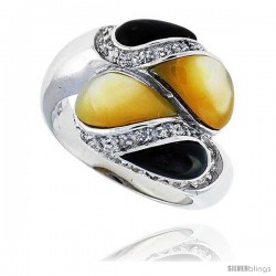 Pear-shaped Yellow & Black Mother of Pearl Ring in Solid Sterling Silver, Accented with Tiny High Quality CZ's, 11/16" (18 mm)