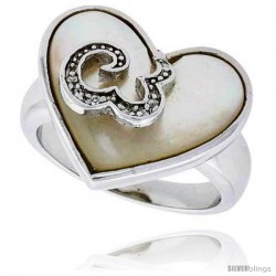 Mother of Pearl Heart Ring in Solid Sterling Silver, Accented with Tiny High Quality CZ's, 11/16 (18 mm) wide