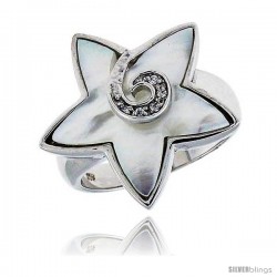 Mother of Pearl Star Ring in Solid Sterling Silver, Accented with Tiny High Quality CZ's, 7/8 (22 mm) wide