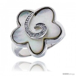 Mother of Pearl Clover Ring in Solid Sterling Silver, Accented with Tiny High Quality CZ's, 13/16 (20 mm) wide