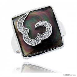 Black Mother of Pearl Square Ring in Solid Sterling Silver, Accented with Tiny High Quality CZ's, 11/16 (18 mm) wide