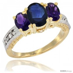 14k Yellow Gold Ladies Oval Natural Blue Sapphire 3-Stone Ring with Amethyst Sides Diamond Accent