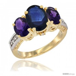 14K Yellow Gold Ladies 3-Stone Oval Natural Blue Sapphire Ring with Amethyst Sides Diamond Accent