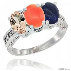 10K White Gold Natural Morganite, Coral & Lapis Ring 3-Stone Oval 7x5 mm Diamond Accent