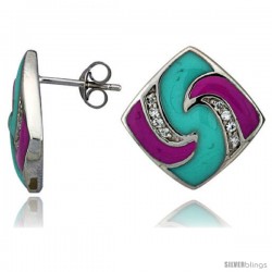 Sterling Silver 3/4" (19 mm) tall Post Earrings, Rhodium Plated w/ CZ Stones, Pink & Blue Enamel Designs