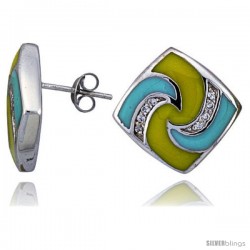 Sterling Silver 3/4" (19 mm) tall Post Earrings, Rhodium Plated w/ CZ Stones, Yellow & Blue Enamel Designs