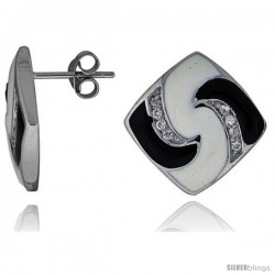 Sterling Silver 3/4" (19 mm) tall Post Earrings, Rhodium Plated w/ CZ Stones, Black & White Enamel Designs