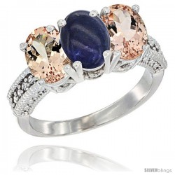 10K White Gold Natural Lapis & Morganite Sides Ring 3-Stone Oval 7x5 mm Diamond Accent