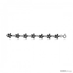 Sterling Silver Flower Charm Bracelet, 3/8 in wide