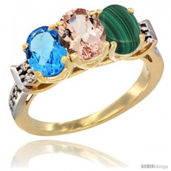 10K Yellow Gold Natural Swiss Blue Topaz, Morganite & Malachite Ring 3-Stone Oval 7x5 mm Diamond Accent