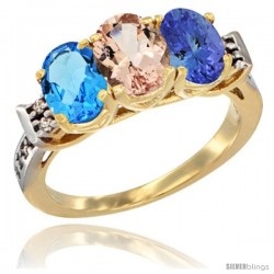 10K Yellow Gold Natural Swiss Blue Topaz, Morganite & Tanzanite Ring 3-Stone Oval 7x5 mm Diamond Accent