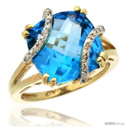 10k Yellow Gold Diamond Swiss Blue Topaz Ring 7.5 ct Cushion Cut 12 mm Stone, 1/2 in wide