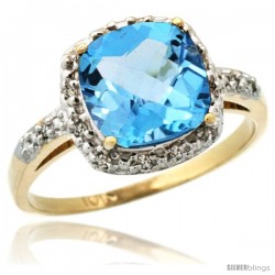 10k Yellow Gold Diamond Swiss Blue Topaz Ring 2.08 ct Cushion cut 8 mm Stone 1/2 in wide