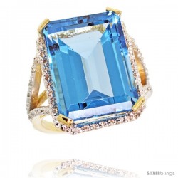 10k Yellow Gold Diamond Swiss Blue Topaz Ring 14.96 ct Emerald shape 18x13 Stone 13/16 in wide