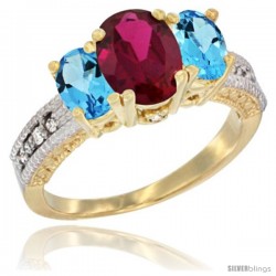 10K Yellow Gold Ladies Oval Natural Ruby 3-Stone Ring with Swiss Blue Topaz Sides Diamond Accent