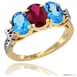 10K Yellow Gold Natural Ruby & Swiss Blue Topaz Sides Ring 3-Stone Oval 7x5 mm Diamond Accent